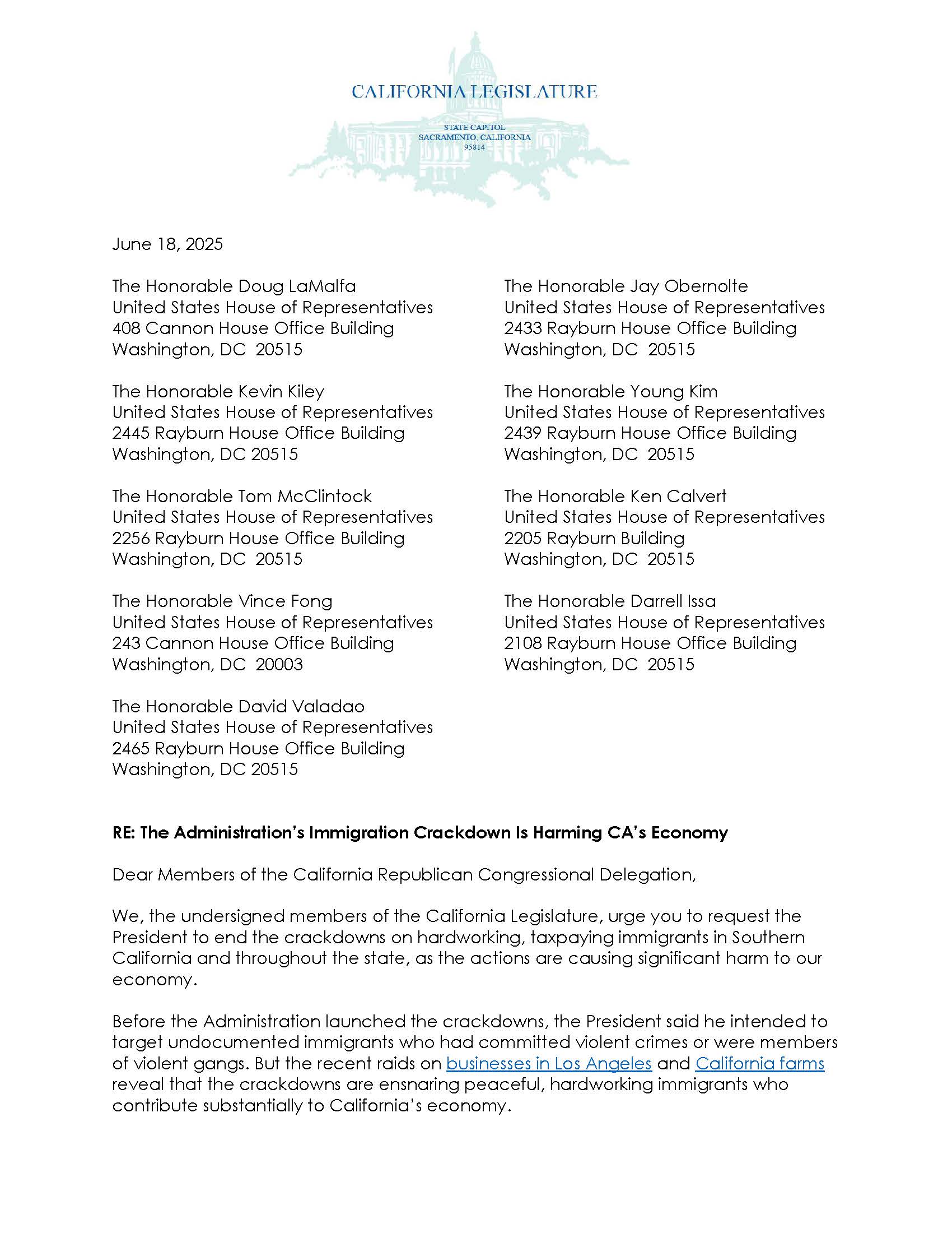 California legislators letter on immigration crackdown page 1