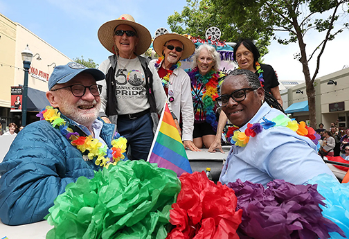 Past Santa Cruz Pride Parade grand marshals, including Senator John Laird, reunite in celebration of the parade’s 50th anniversary