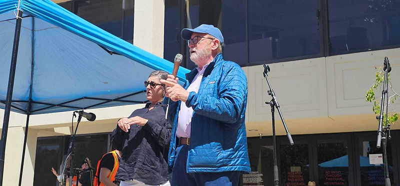 Senator John Laird addresses the crowd at a No Kings protest in San Luis Obispo, standing firm in solidarity with constituents