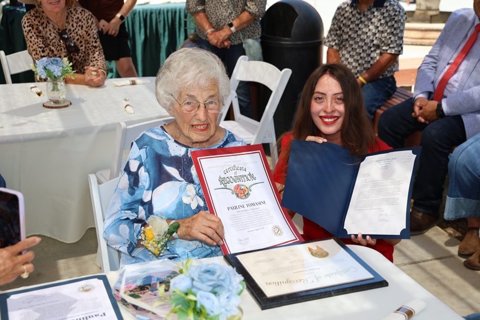 Monterey County District Representative Marisa Hernandez presents a Senate certificate to longtime Soledad resident and community leader Pauline Tomasini.