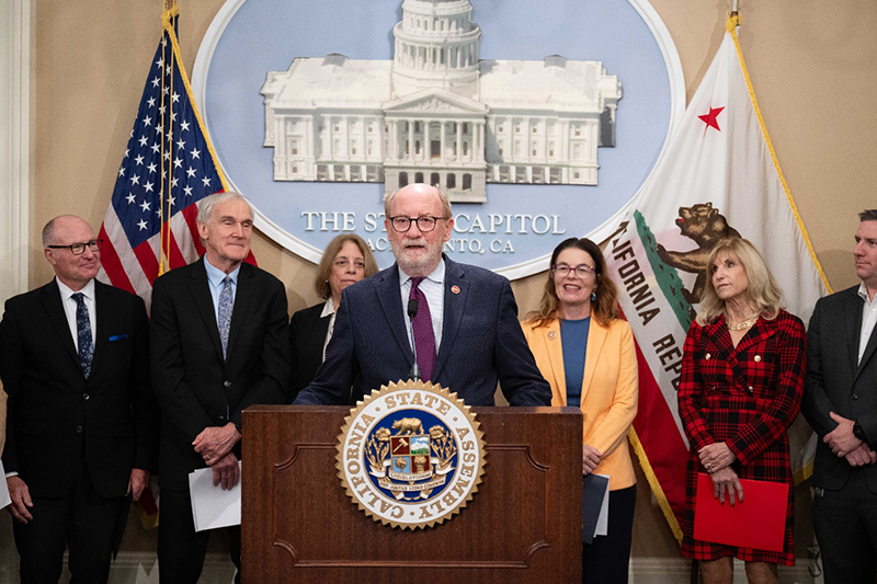 Senator Laird speaks at a press conference in opposition of federal offshore oil drilling plans.